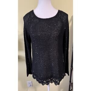 Katsumi Long Sleeve Knit Sequined Tunic Top Black High low hem lace size M